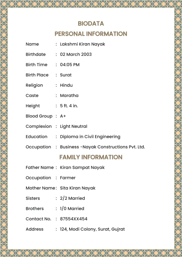 sample biodata for marriage in english