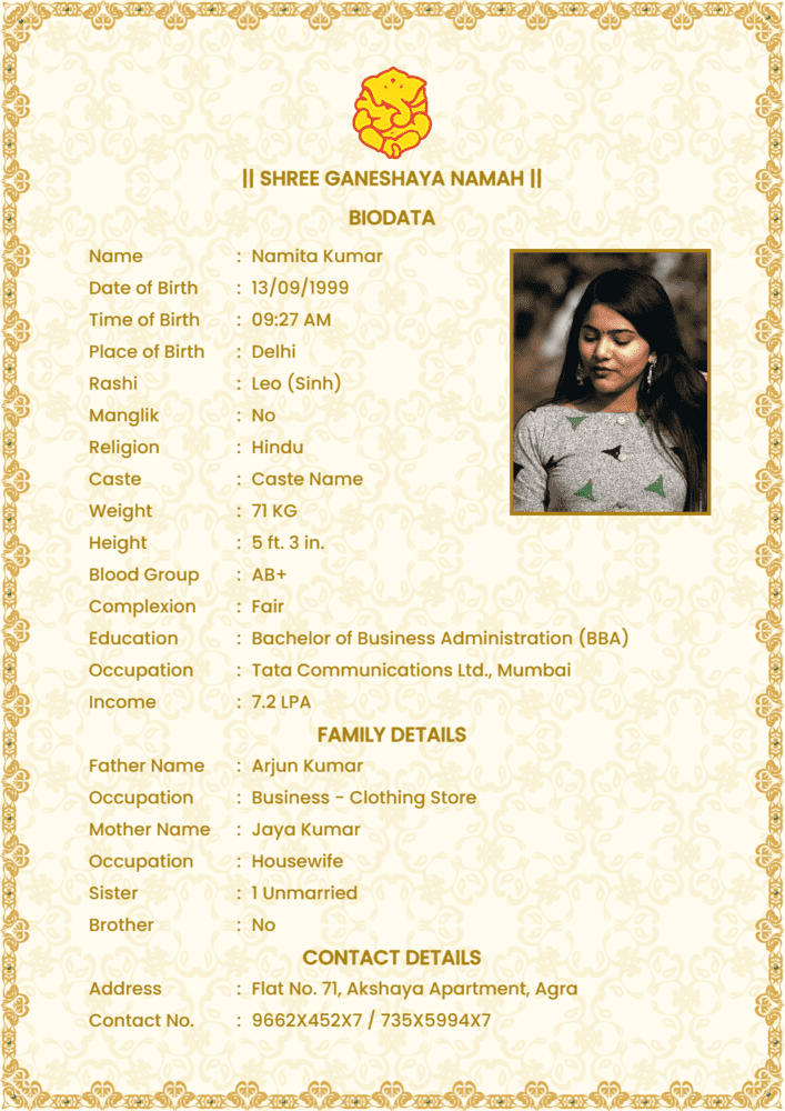 biodata for marriage girl