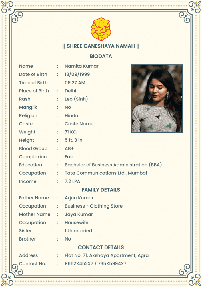 Marriage Biodata Format For Girl
