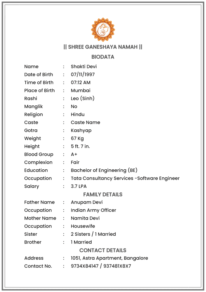 Hindu Marriage Biodata Format Download Word PDF
