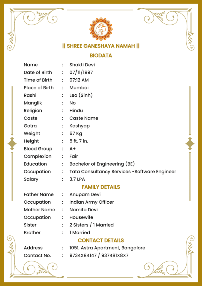 hindu marriage biodata format with a luxury gold border for the boy.