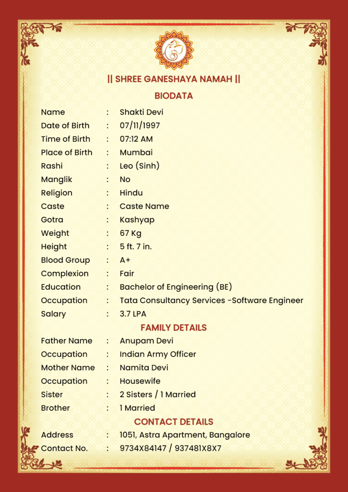 hindu marriage biodata format with red and gold border for the girl