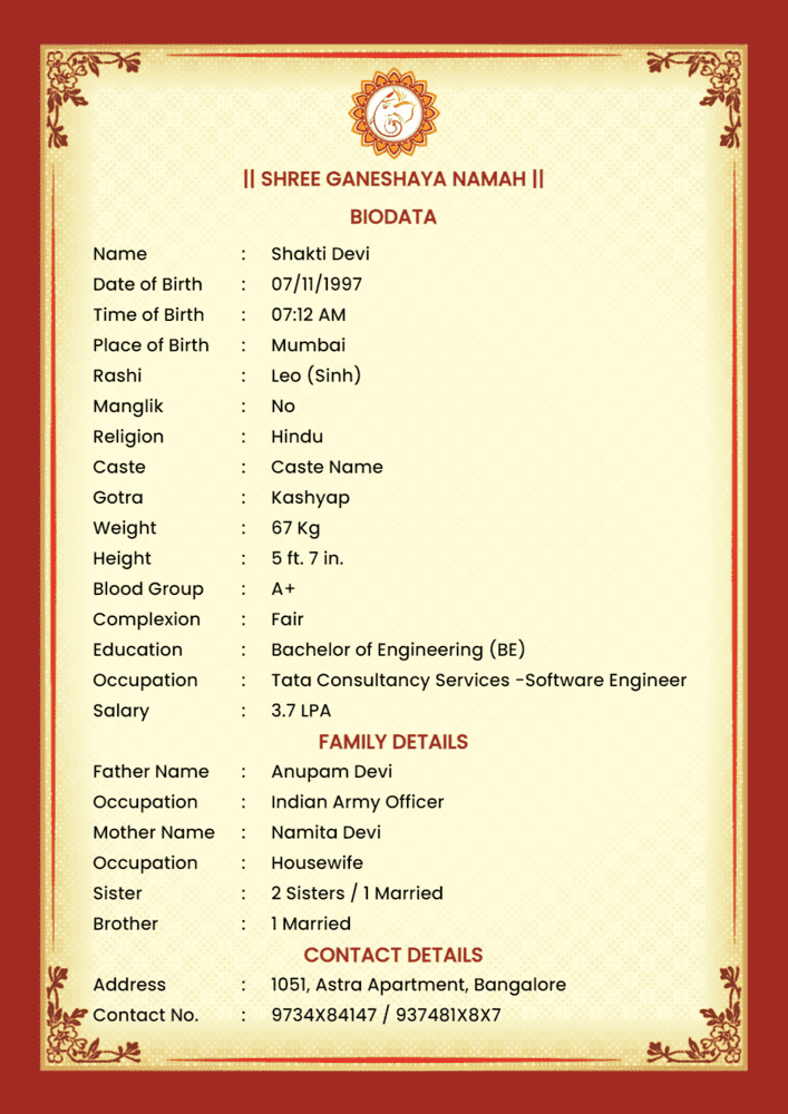 Hindu Marriage Biodata Format Download Word PDF