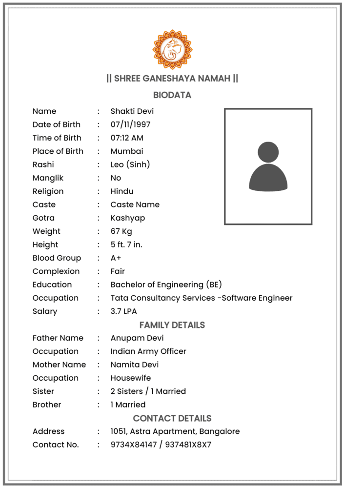 Hindu Marriage Biodata Format Download Word PDF